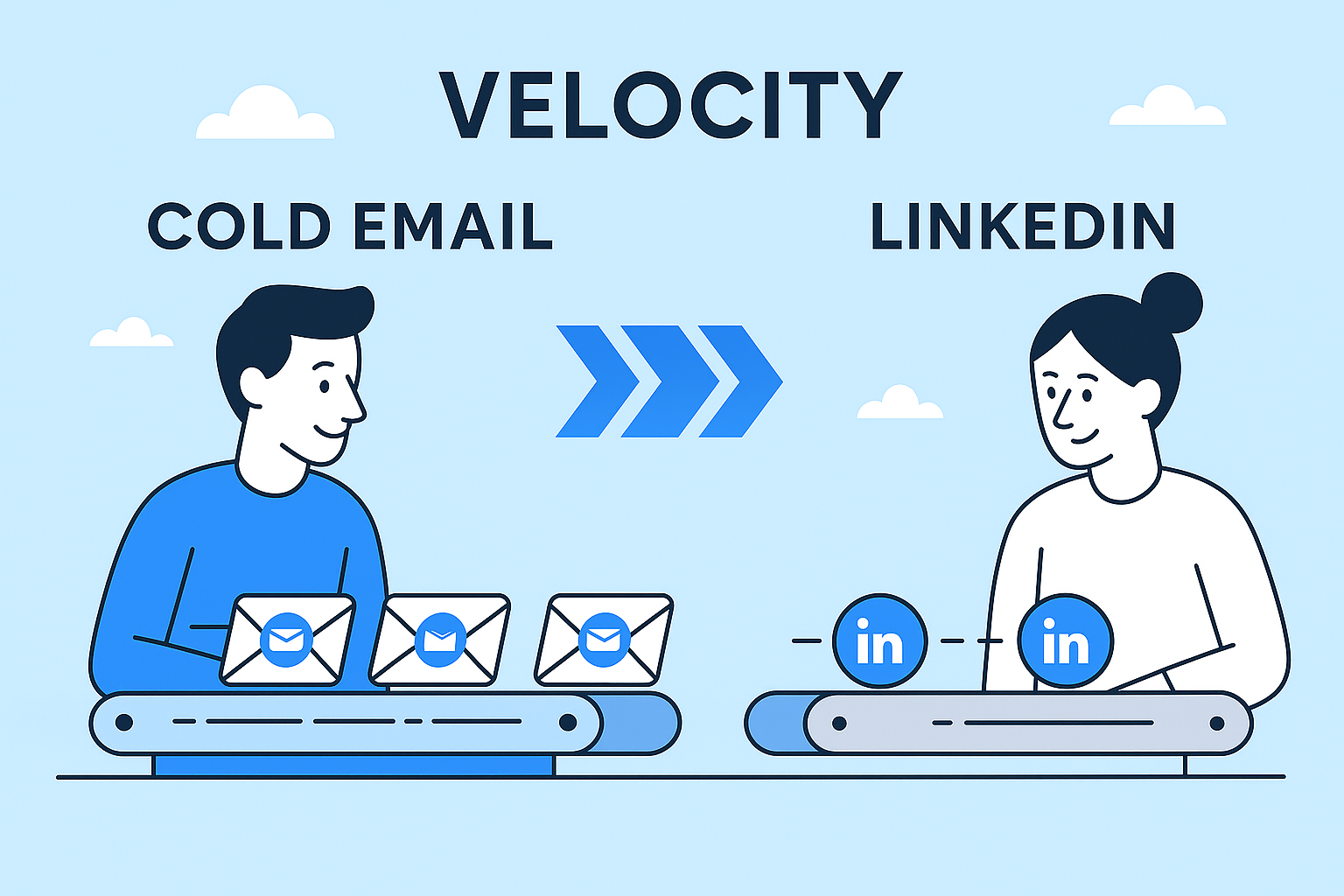 Ilustração mostrando Cold Email vs LinkedIn: um homem classificando cold emails e uma mulher classificando ícones do LinkedIn, com setas em uma esteira rolante indicando a transição do e-mail para o LinkedIn.