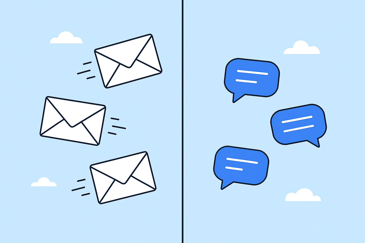 Ilustração mostrando três envelopes voadores à esquerda e quatro bolhas de bate-papo azuis à direita, separados por uma linha vertical, representando visualmente Cold Email vs. LinkedIn, com pequenas nuvens ao fundo.