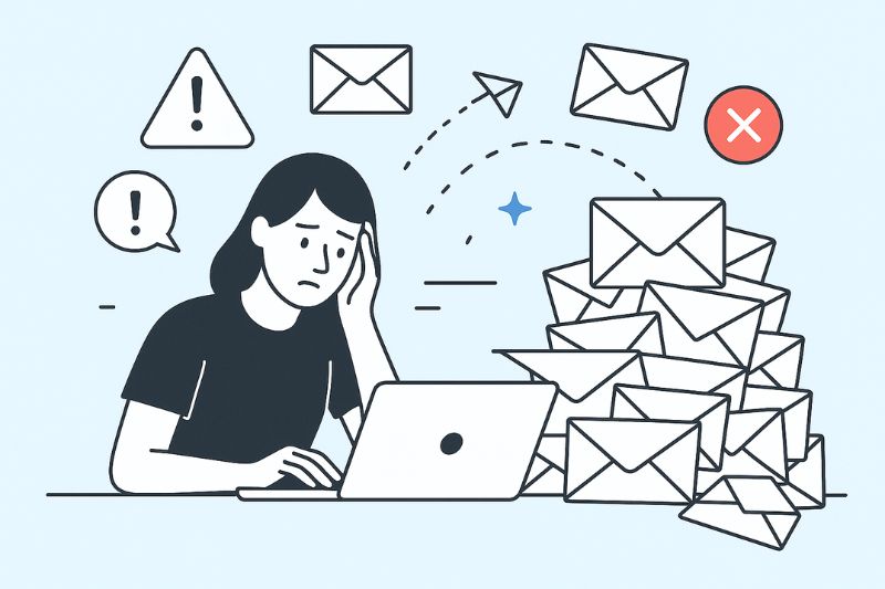 An illustration of a stressed person at a laptop, surrounded by a stack of emails and warning symbols, highlights the struggle of sorting cold email vs. spam and the overwhelming feeling of email overload.