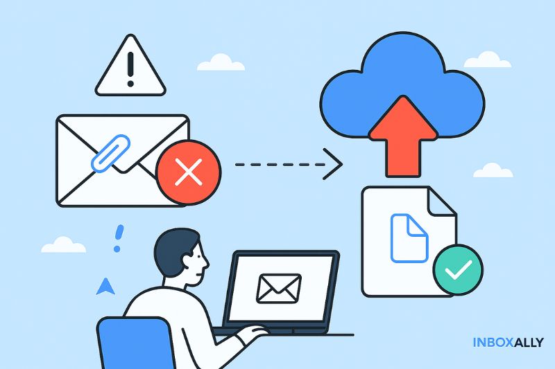 Illustration of a person at a laptop, an email with an error icon, and a file uploading to the cloud, highlighting secure document transfer—and emphasizing the difference between cold email vs. spam.