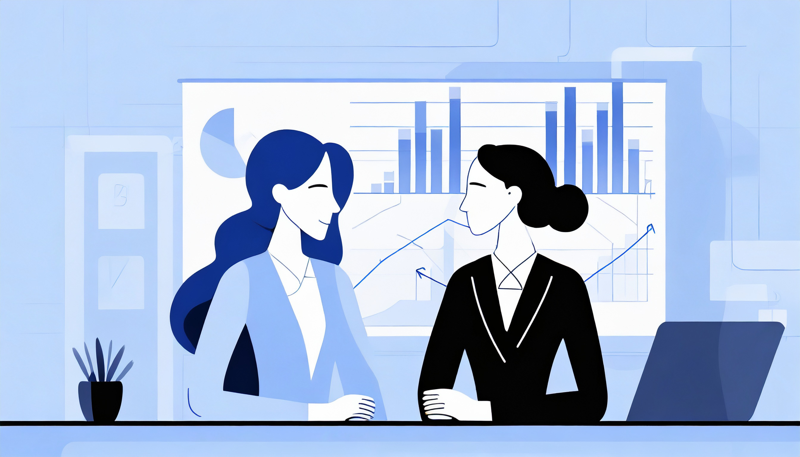 Two business women discussing personalized cold email strategies in front of a graph.