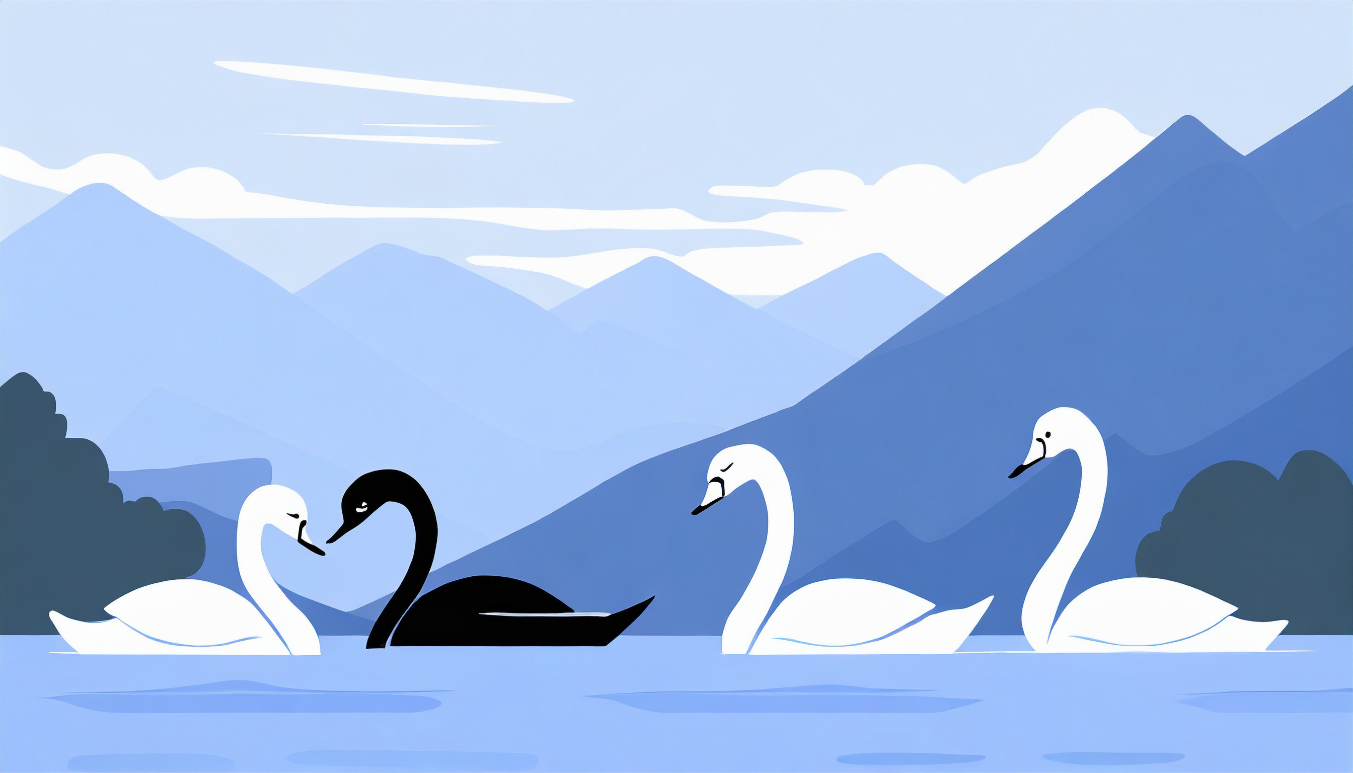 Three swans swimming in a lake with mountains in the Gmail Primary Inbox background.