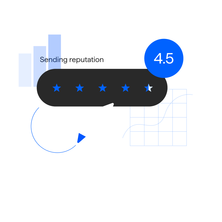 A blue button with an arrow pointing to a graph, showcasing an email warm up tool improving sending reputation