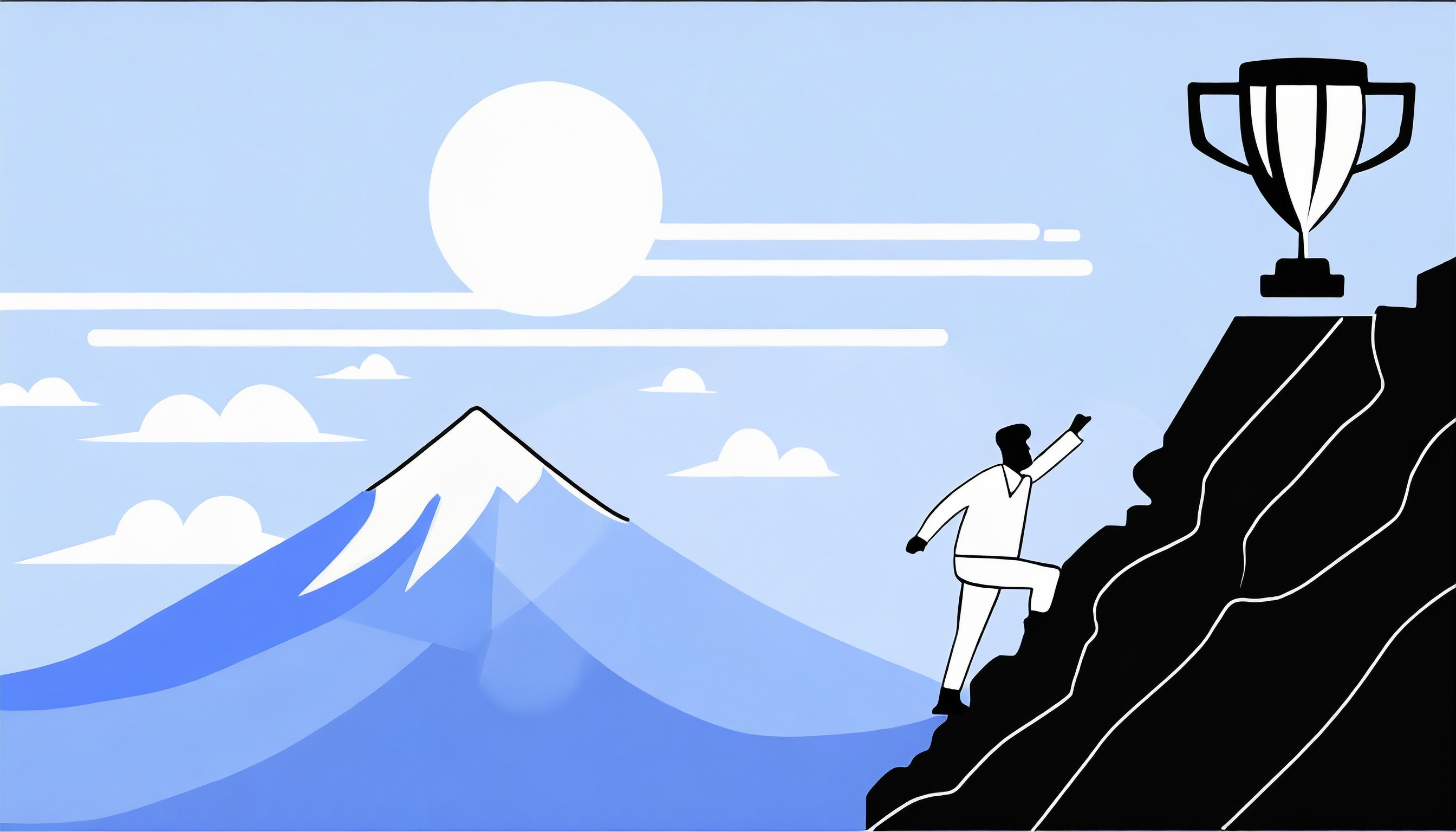 Illustration of a person climbing a mountain towards a trophy on a peak, symbolizing the journey of email deliverability success, with a large sun and clouds in the background.