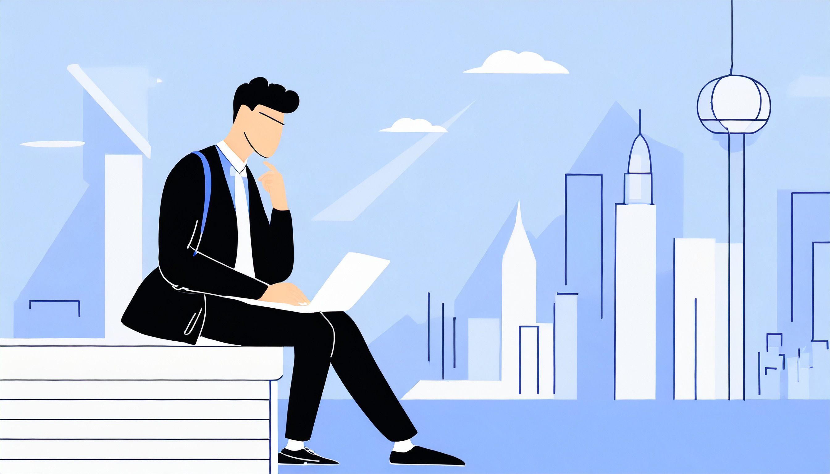 A man sitting on a ledge with a laptop in front of a city, seemingly engrossed in cold emailing.