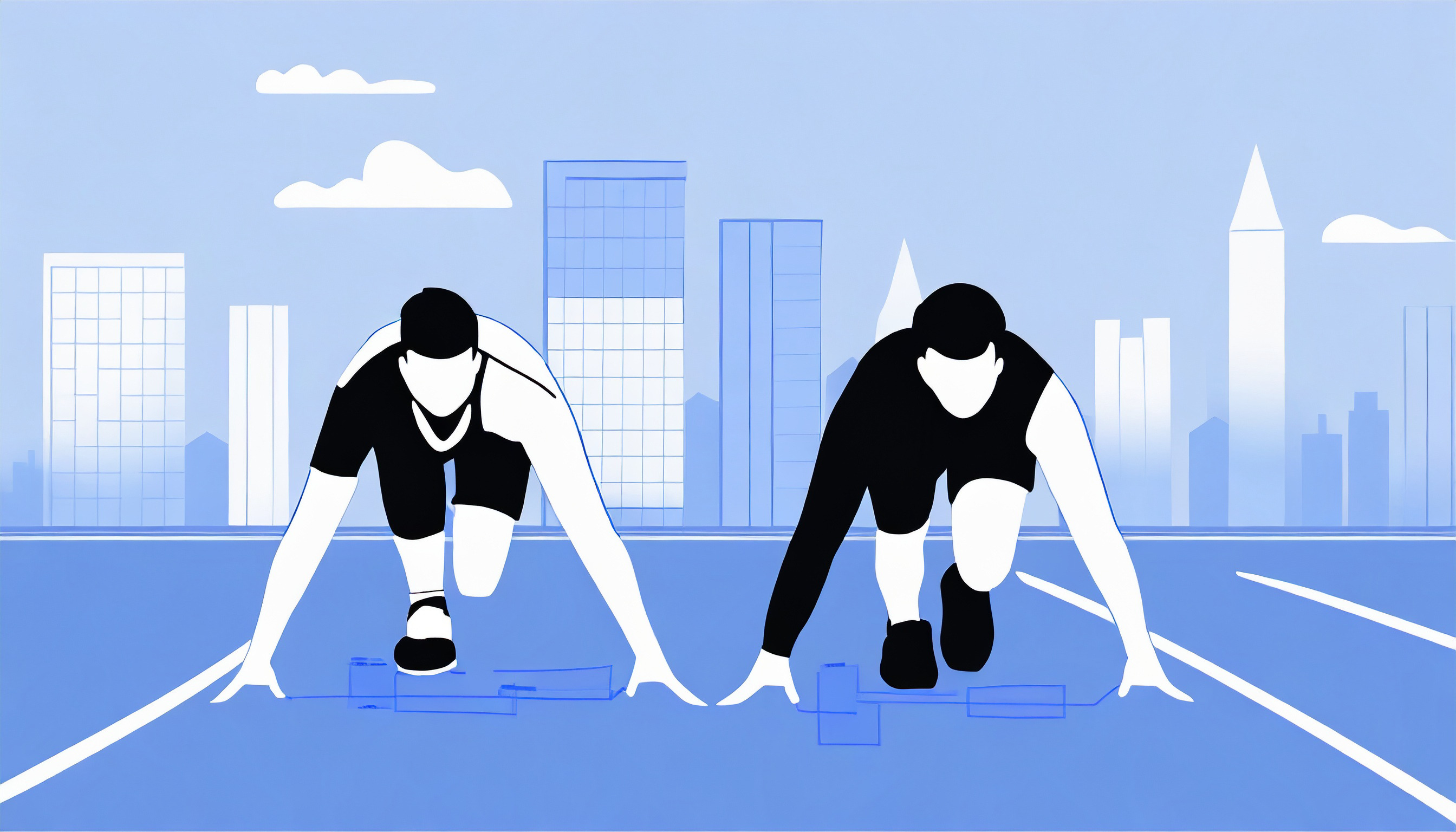 Two people running on a track while overlooking a city's skyline.