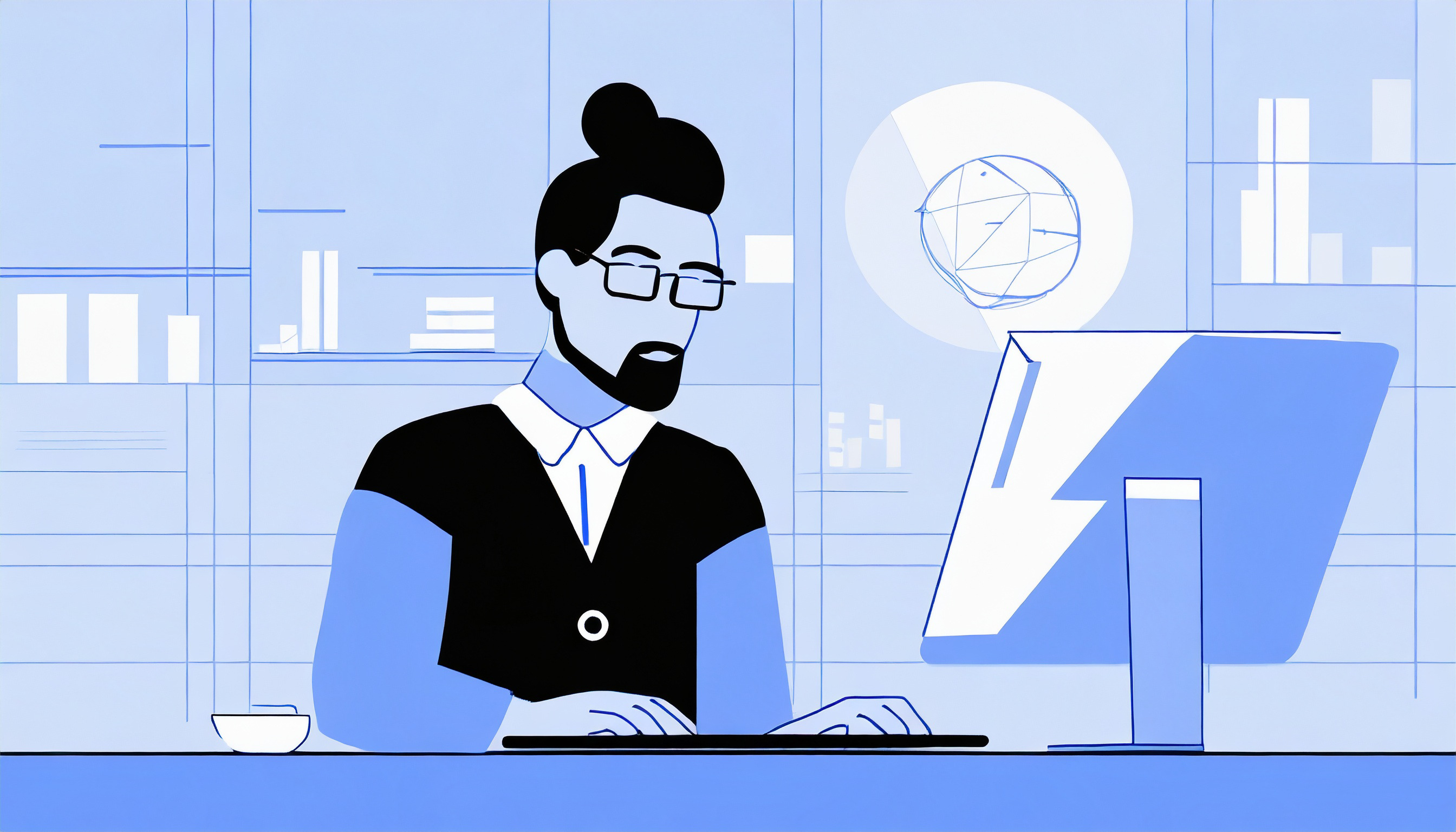 A cartoon illustration of a man working on a computer while using a cold email template for sales.