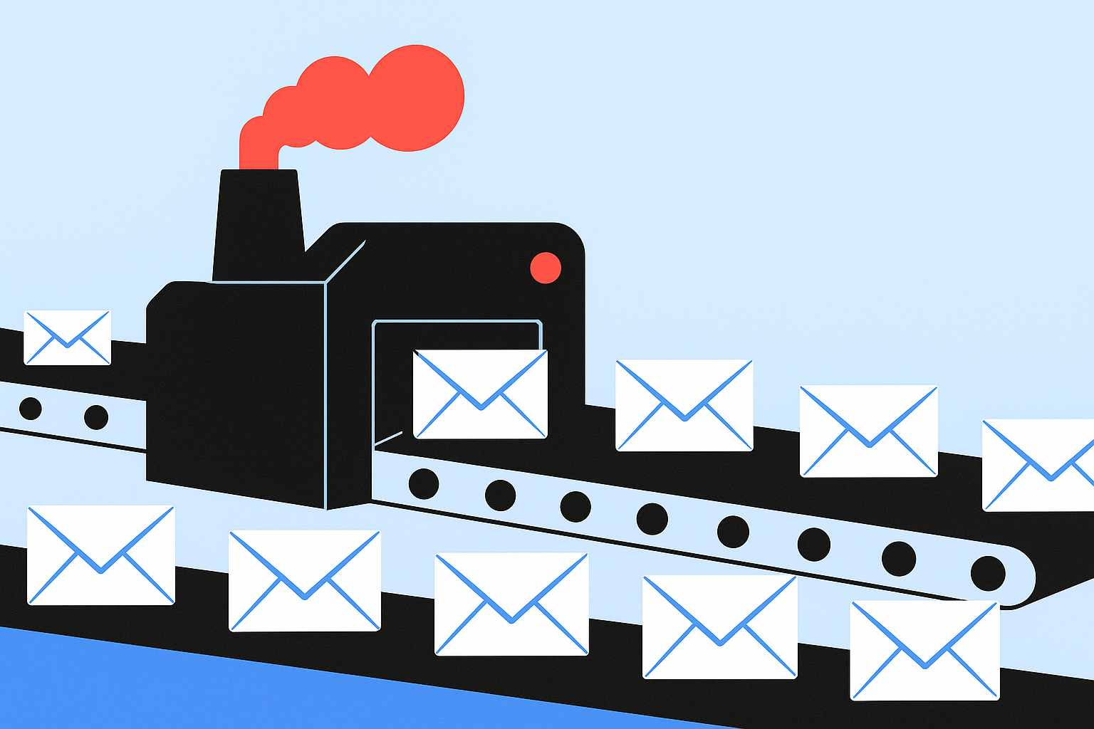 A factory with smoke produces and moves multiple envelopes on a conveyor belt, symbolizing sending unlimited emails, set against a light blue background.