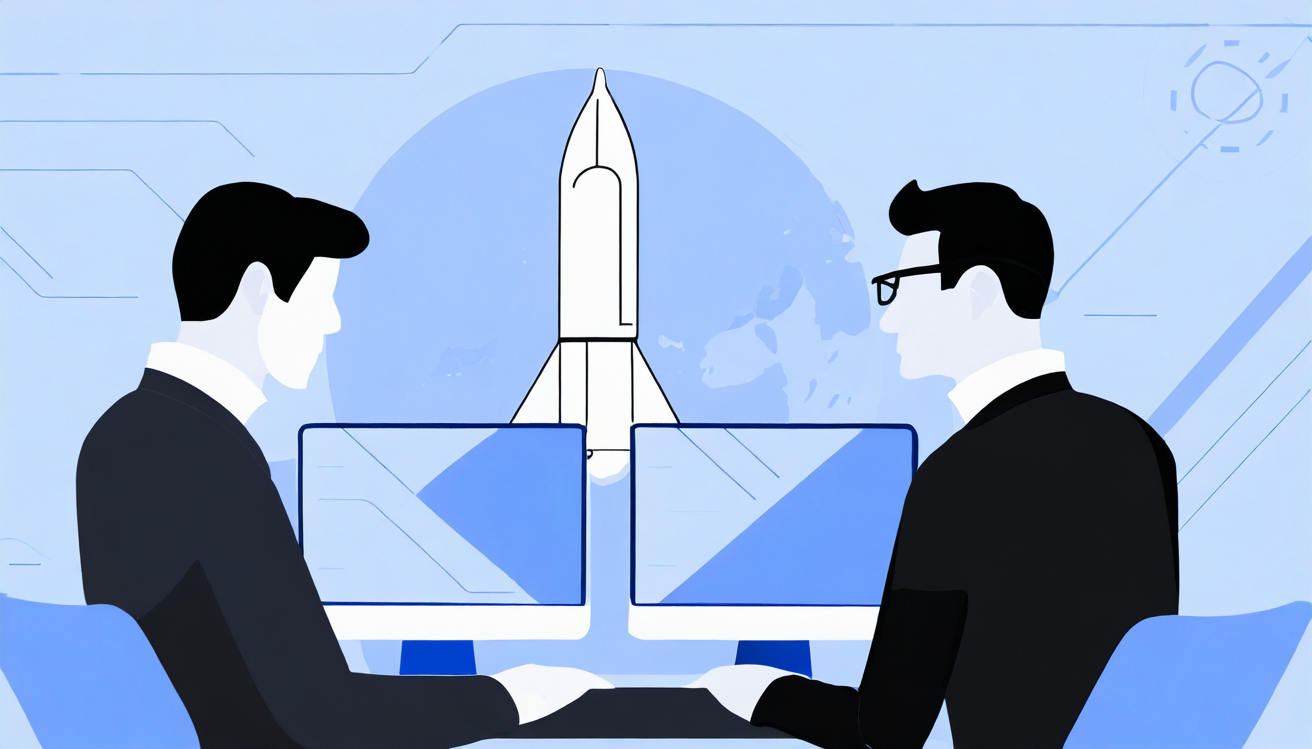 Two men sitting at a desk with a rocket in front of them, discussing their new product launch.