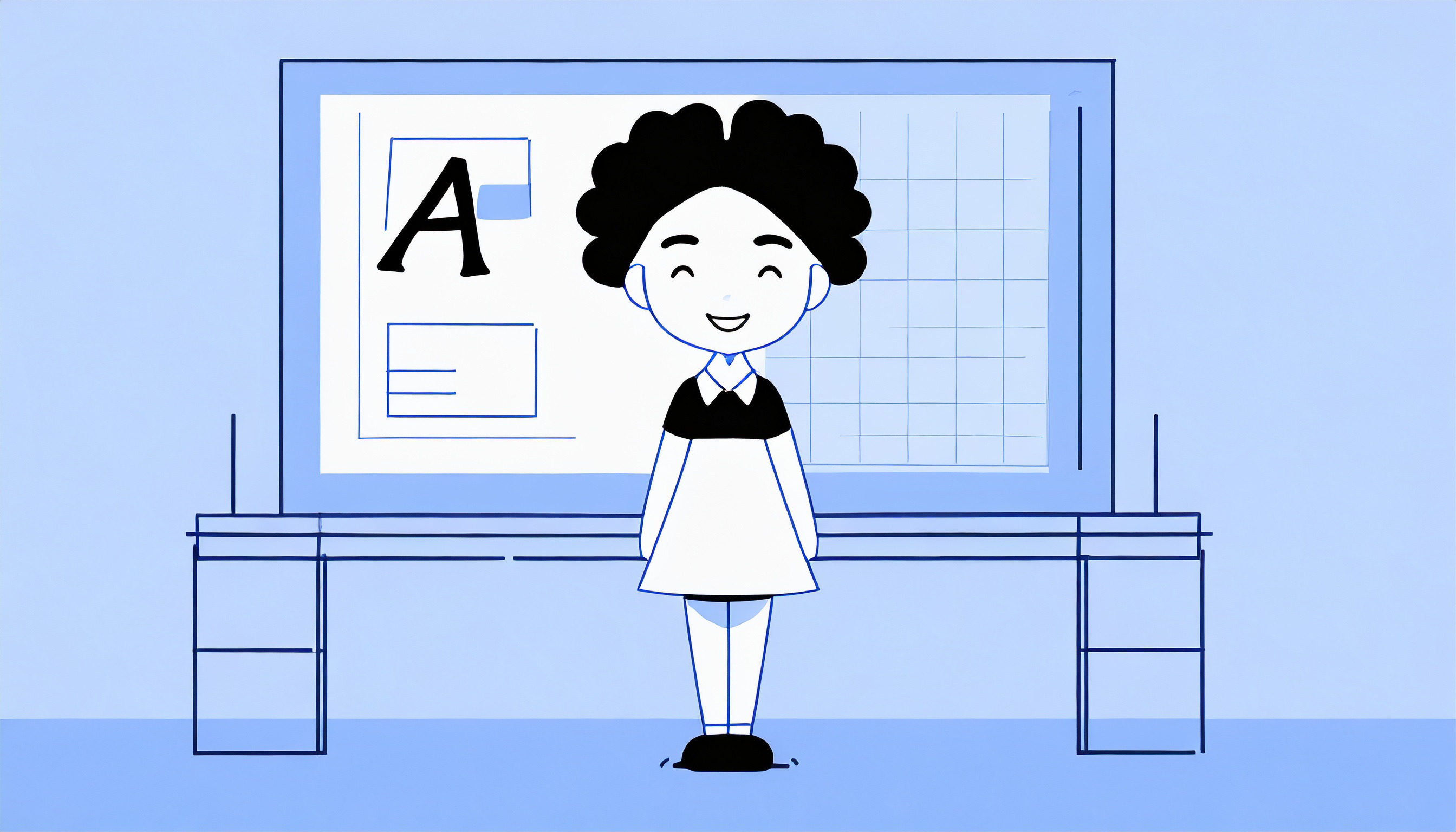 A cartoon girl holding a pen, standing thoughtfully in front of a board with letters on it, wondering how to cold email without hurting her reputation.