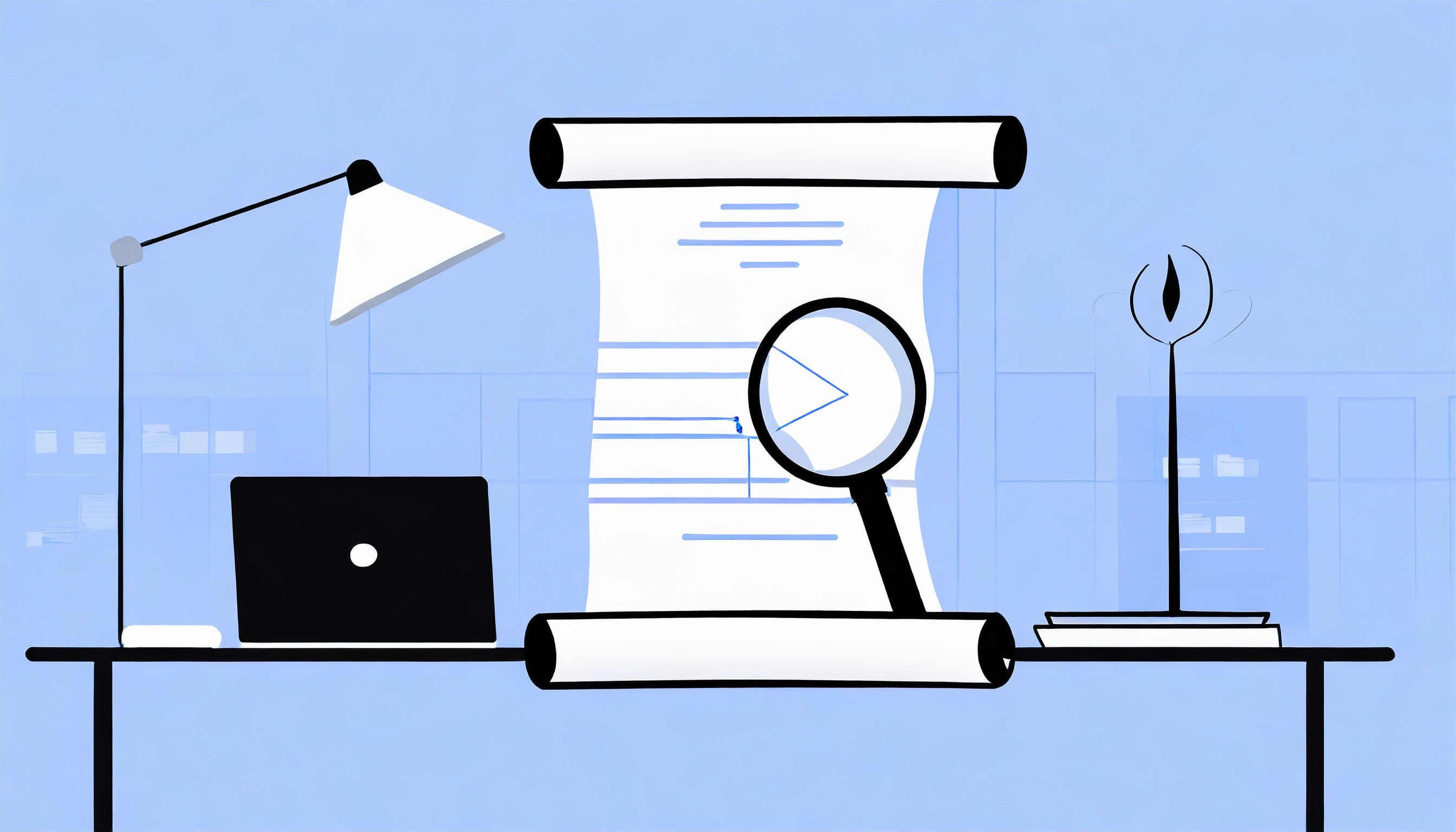 An illustration of a desk with a laptop and a magnifying glass, depicting the question of "How Long Should a Cold Email Be?