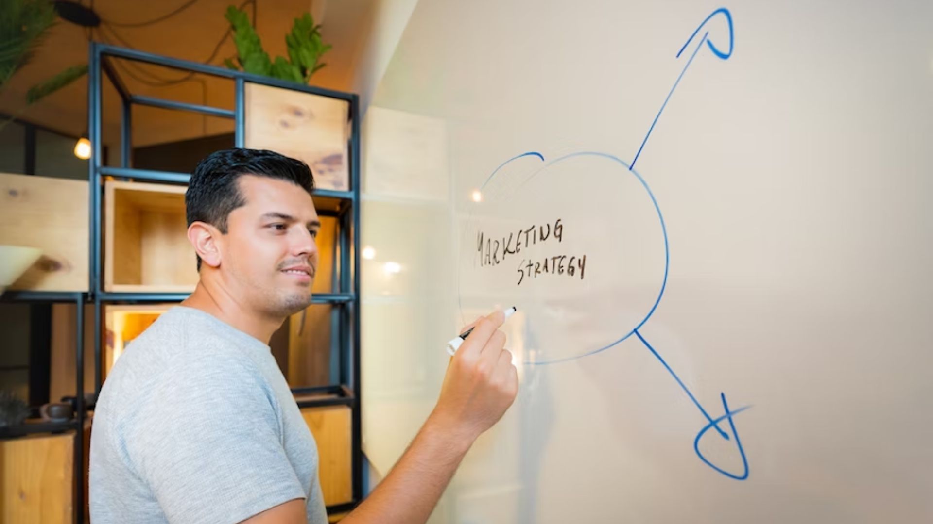 guy writing marketing strategy on the whiteboard