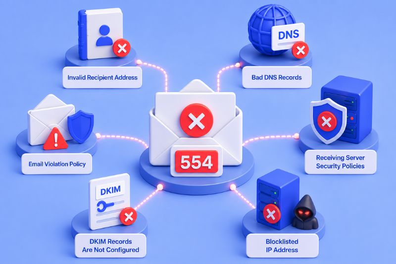 Diagram showing the most common reasons for SMTP Error 554 email rejections and delivery failures.
