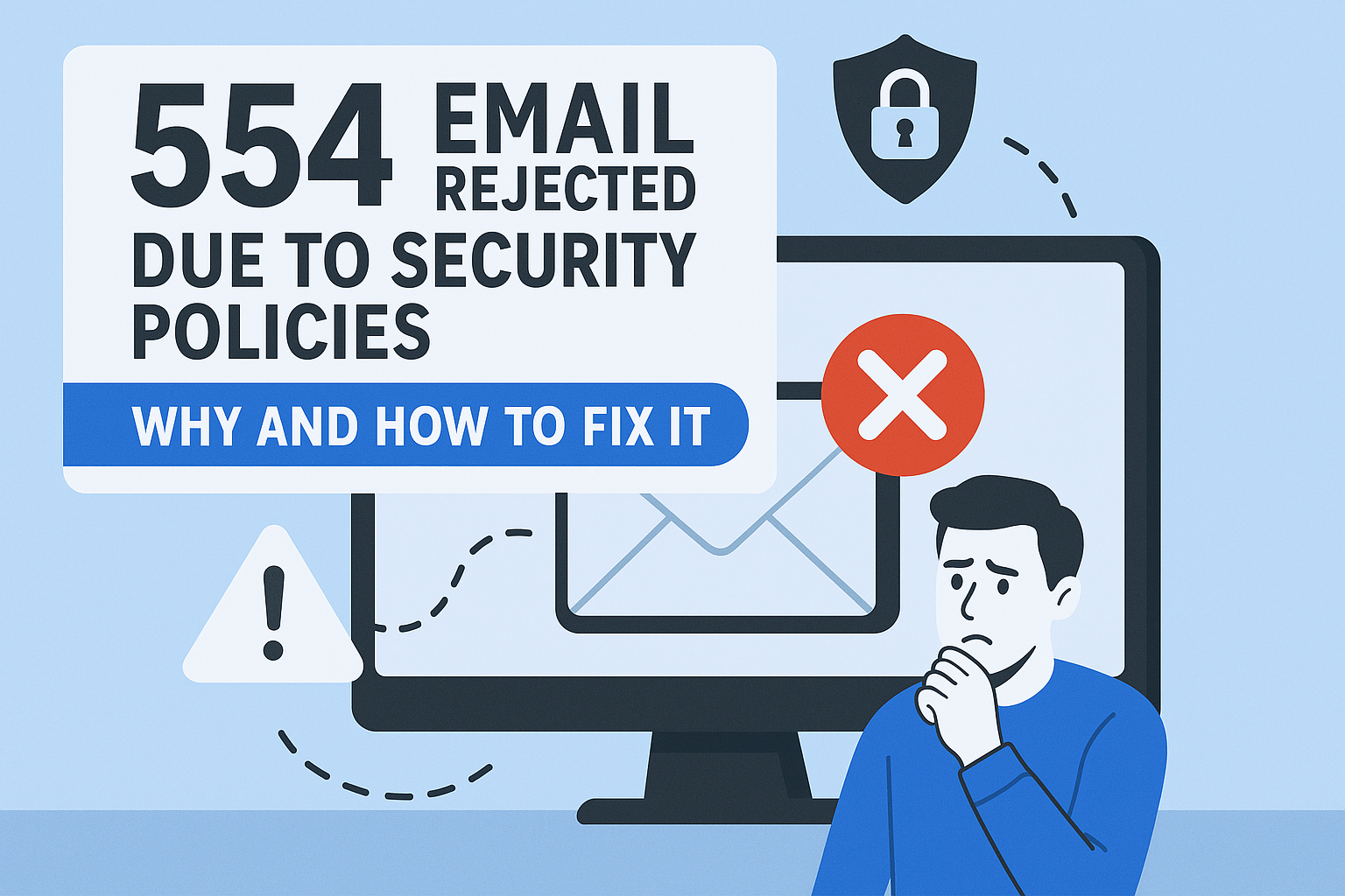 Illustration of a worried person by a computer screen displaying "554 Email rejected due to security policies" with a red cross icon, padlock symbol, and text "Why and how to fix it.