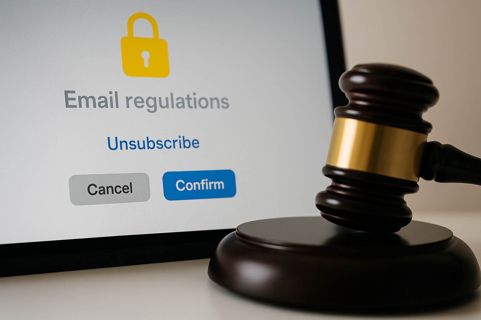Computer screen displays "Email regulations" with unsubscribe options; a judge's gavel sits beside the monitor, highlighting legal compliance and best Bulk Email Practices for 2024 in email communications.