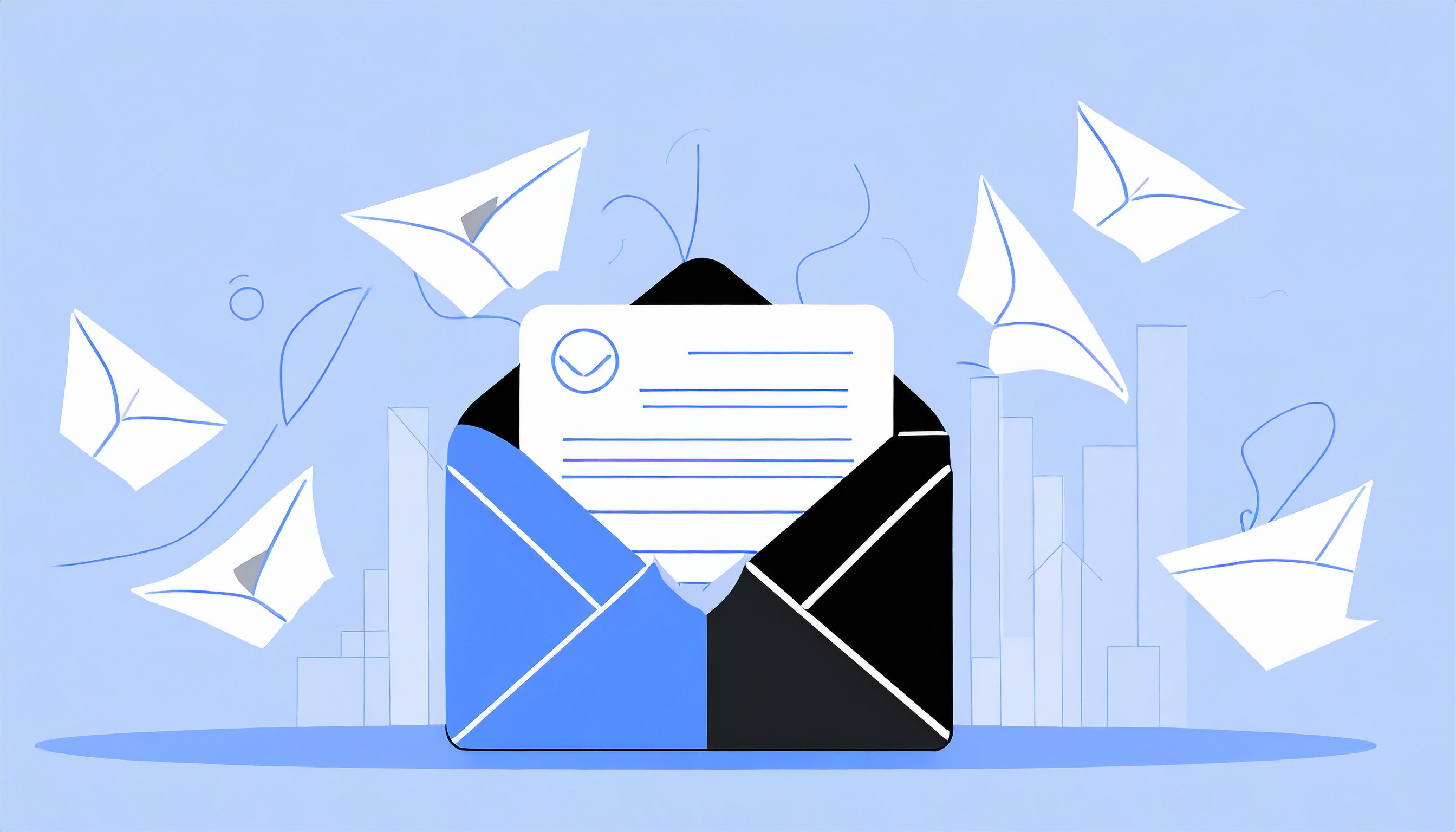 A blue envelope with letters flying out of it, perfect for your cold email template.
