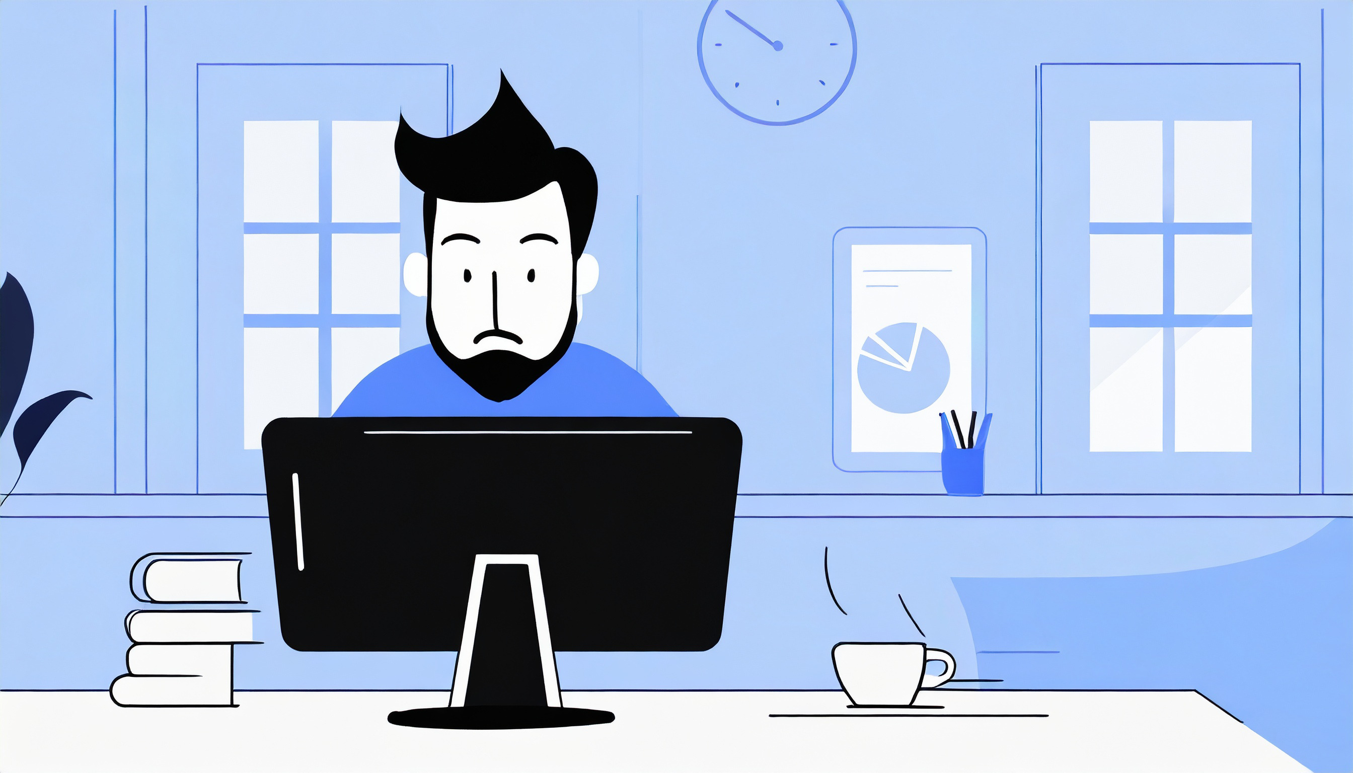 A cartoon man sitting at a desk with a cup of coffee while checking his Gmail inbox.