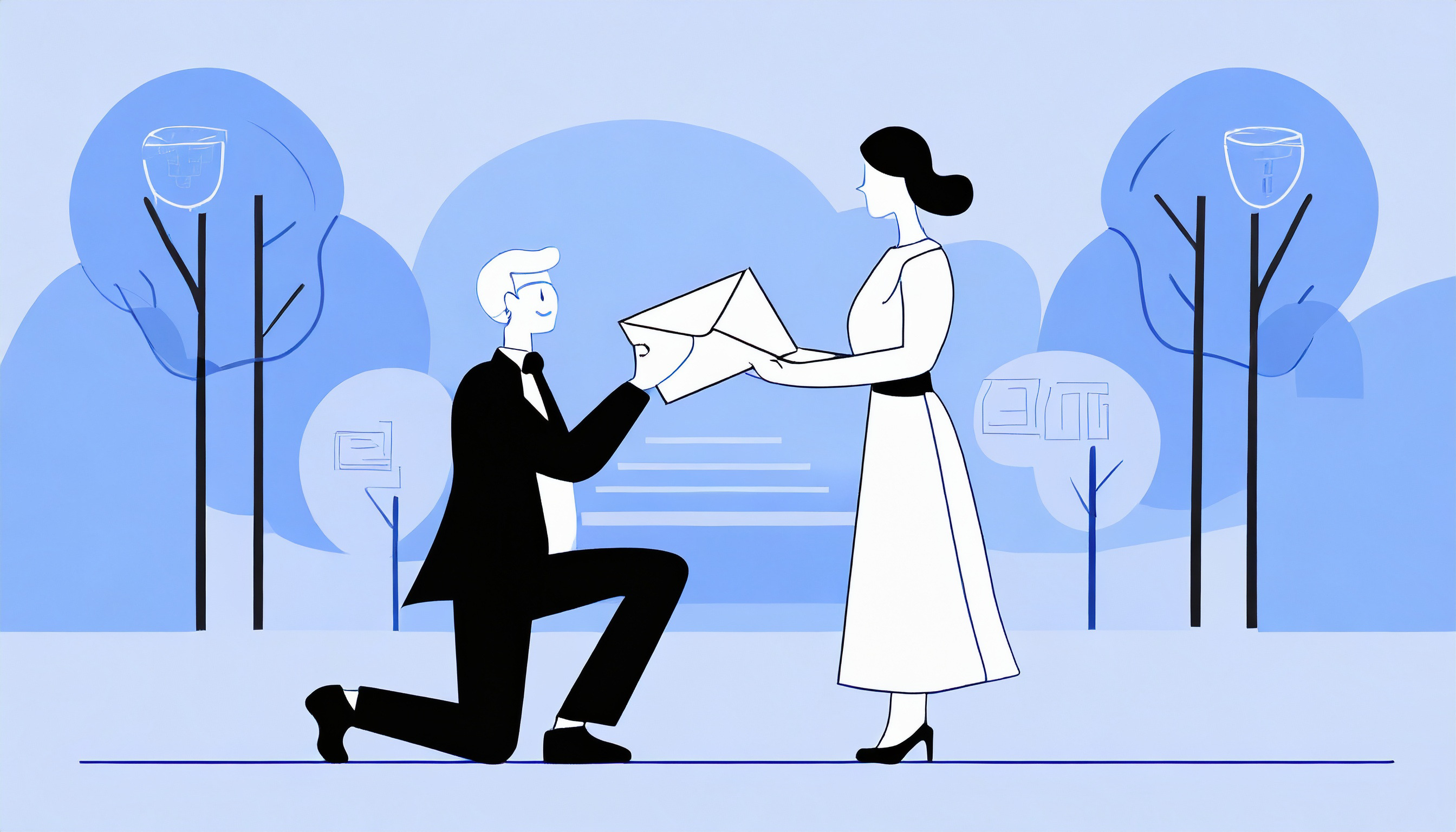 An illustration of a man proposing to a woman, representing the emotional impact and significance of Email Marketing versus Direct Mail strategies.