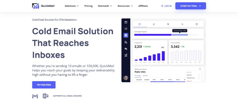 QuickMail homepage highlighting cold email automation and email deliverability features.