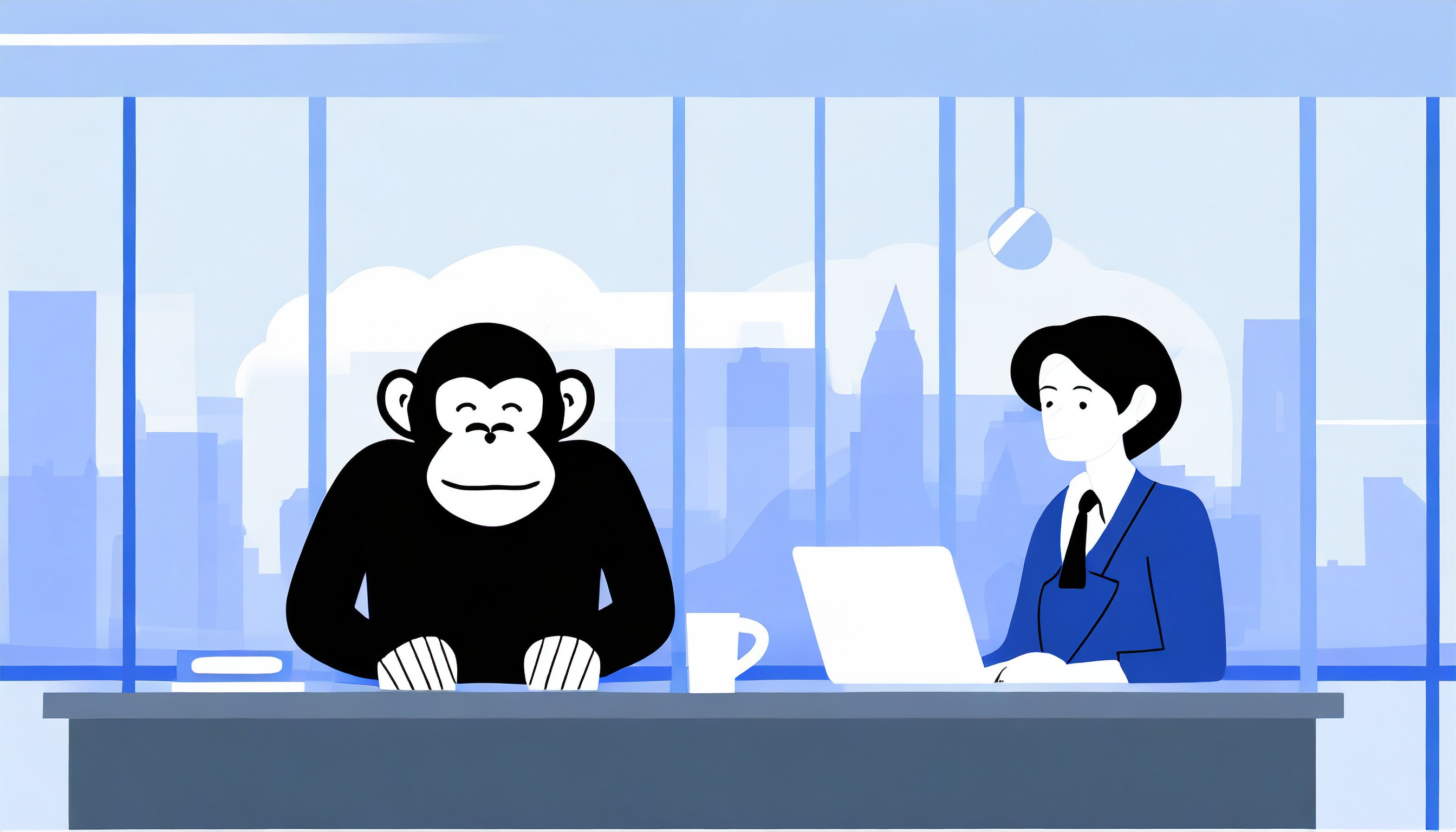 A man and a chimpanzee sitting at a desk, learning how to use MailChimp.