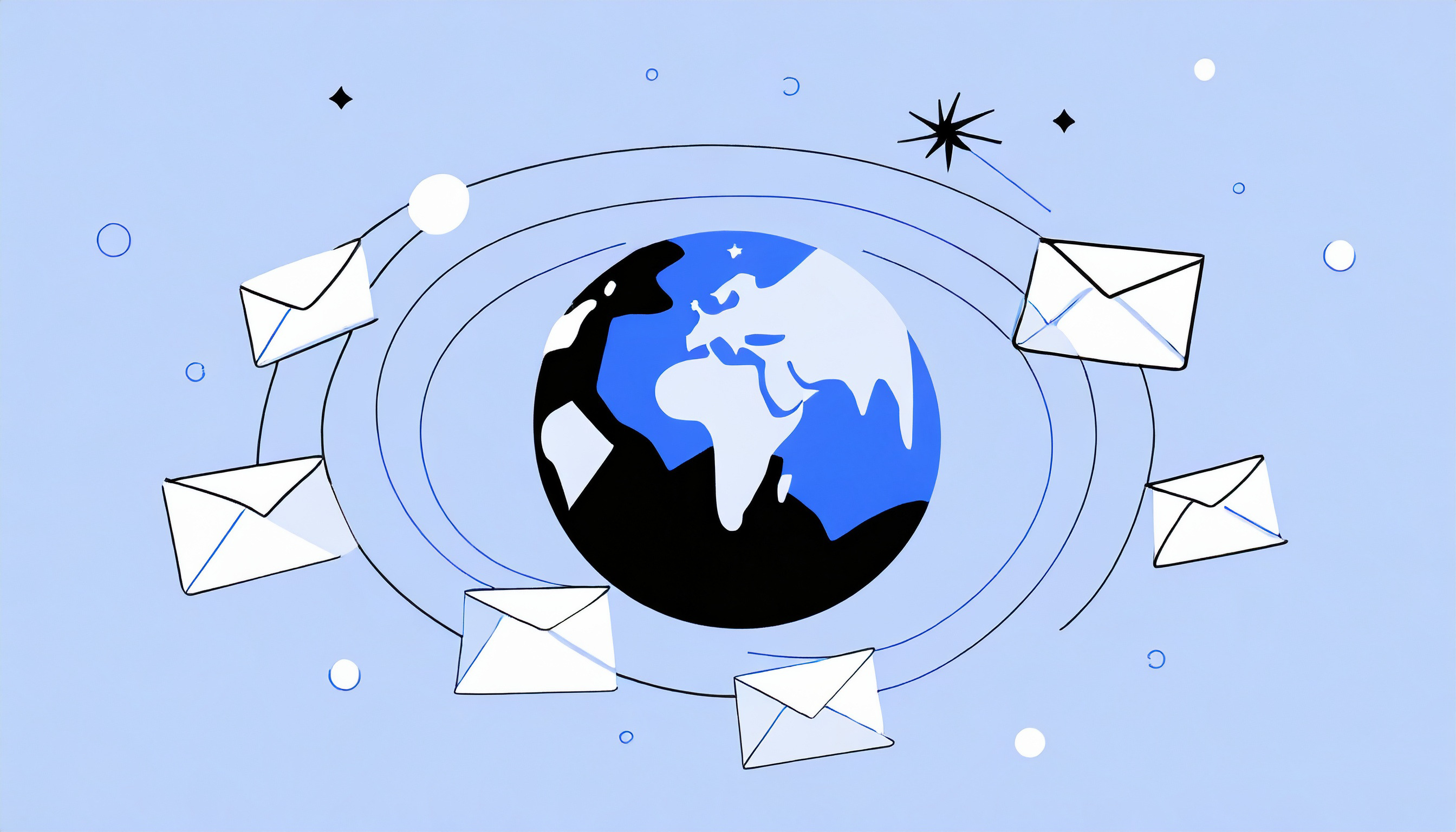 An illustration demonstrating recommended bulk email practices for 2023, featuring a globe surrounded by envelopes.