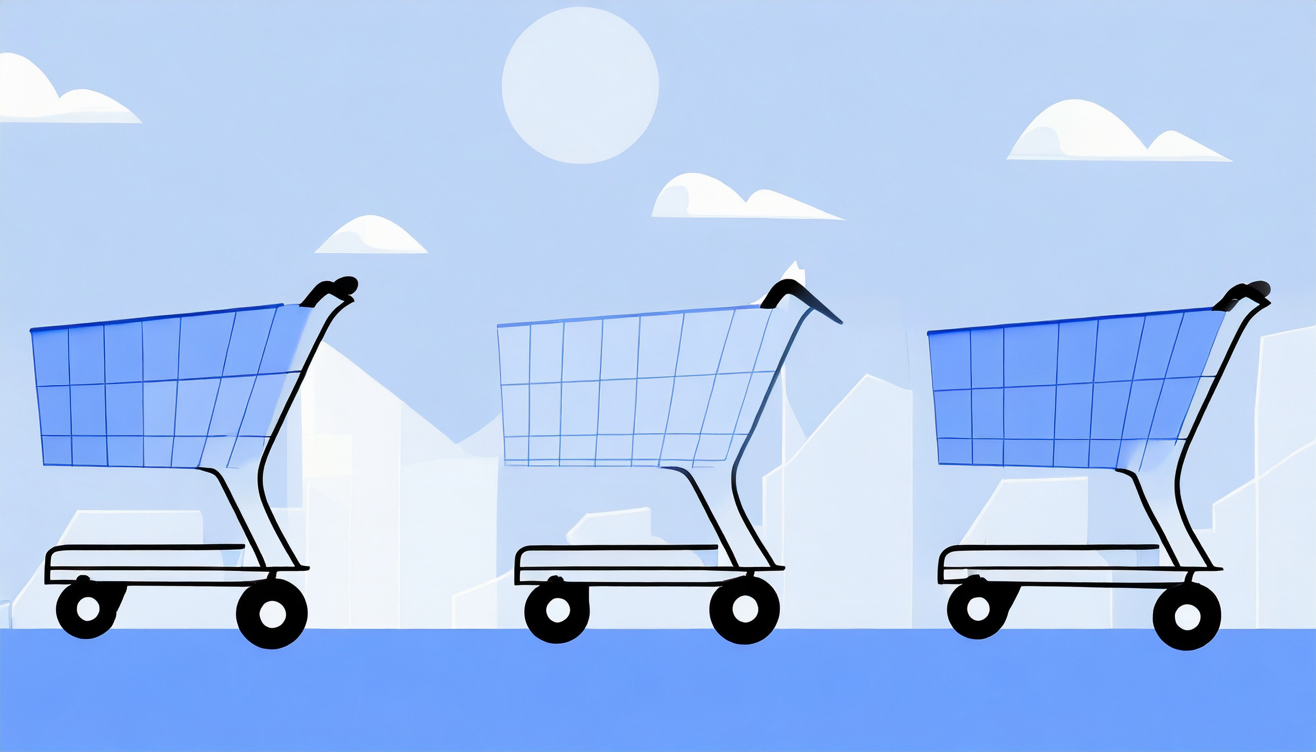 Three shopping carts in front of a bustling city skyline, showcasing the convenience and variety offered by B2C email marketing.