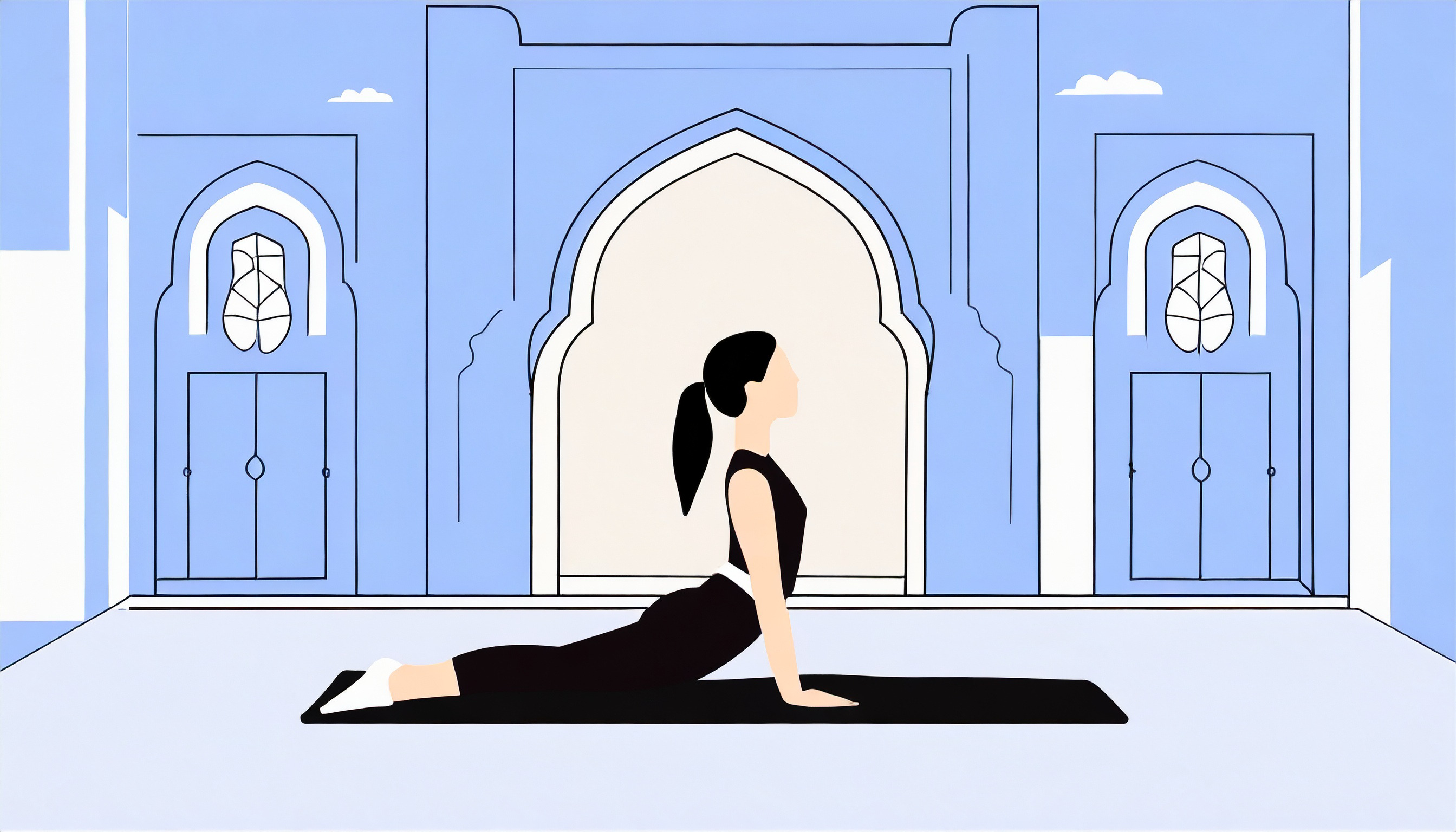 An illustration of a woman peacefully practicing yoga in a serene room.
