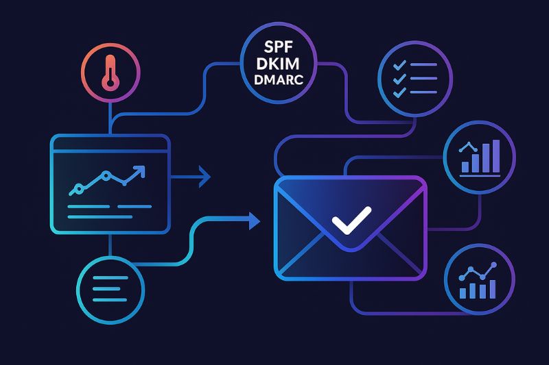 Infographic showcasing email security protocols SPF, DKIM, and DMARC, featuring charts, checklist icons inspired by a cold email checklist, and a large email envelope graphic connected by colored lines.