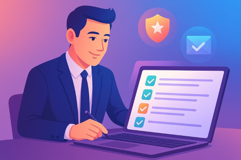 Illustration of a man in a suit using a laptop with checklists on the screen, highlighting key points from a cold email checklist, with security and email icons floating nearby.