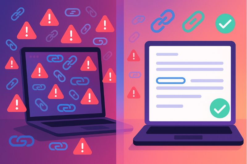 Illustration of two laptops: one with warning symbols and broken links, the other with intact links and check marks, visually representing a cold email checklist for fixing broken links on a website.