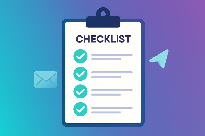 Illustration of a clipboard with a cold email checklist, featuring five checked items, next to envelope and paper plane icons on a blue-purple gradient background.