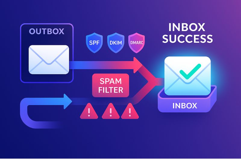 Diagram showing email authentication (SPF, DKIM, DMARC) from a cold email checklist helping mail pass spam filters and reach the inbox, while unauthenticated mail is blocked.