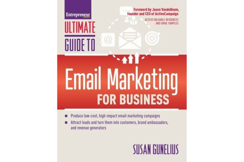 Book cover titled "Ultimate Guide to Email Marketing for Business" by Susan Gunelius, featuring marketing icons and promotional text highlighting why it’s considered one of the best books on email marketing.