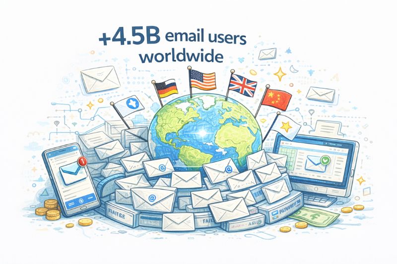 Illustration of the Earth surrounded by digital devices, emails, and global flags, highlighting “4.5B email users worldwide” and showcasing the impressive ROI of Email Marketing on a global scale.