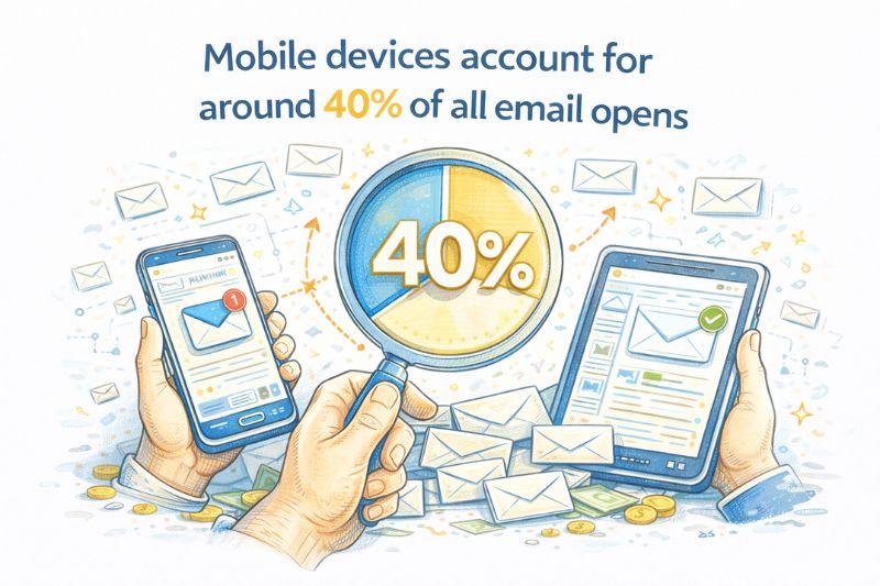 Illustration showing hands holding a smartphone and tablet with emails, a magnifying glass highlighting "40%," and text stating mobile devices account for around 40% of all email opens, emphasizing the ROI of Email Marketing on mobile platforms.