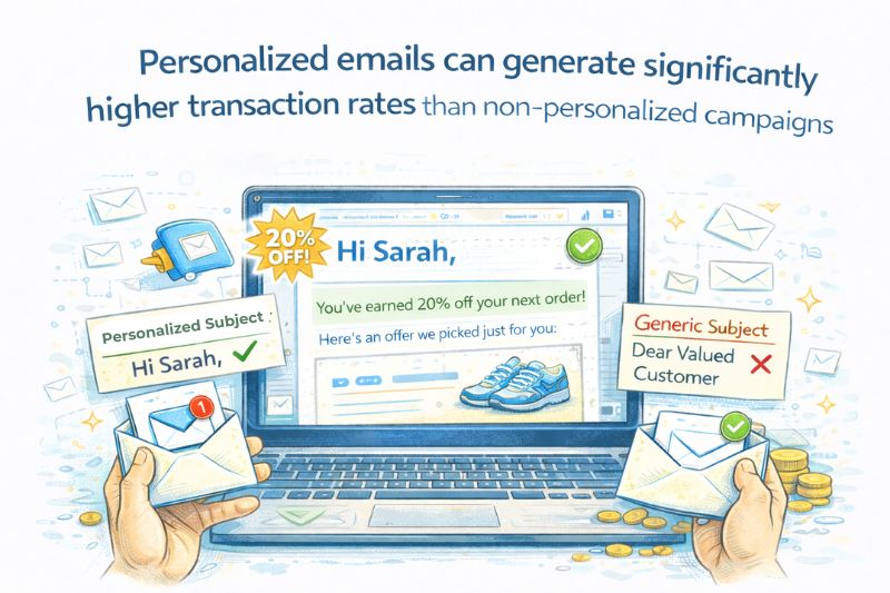 Illustration compares personalized emails, addressing recipients by name, to generic ones, highlighting the higher transaction rates and demonstrating the improved ROI of Email Marketing with a "20% off" offer.