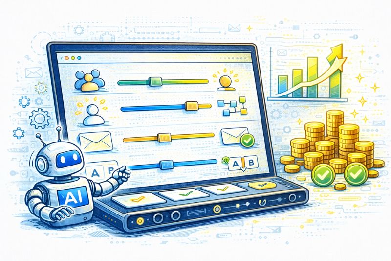 A robot labeled "AI" points to a laptop screen displaying sliders, user icons, and charts, with stacks of coins and a rising graph beside it, illustrating AI-driven financial optimization and the growing ROI of Email Marketing.