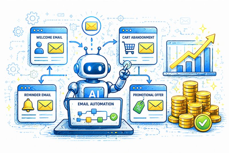 Illustration of a robot labeled "AI" managing email automation tasks—welcome emails, reminders, cart abandonment, and promotions—with charts and stacks of coins in the background to highlight the ROI of Email Marketing.