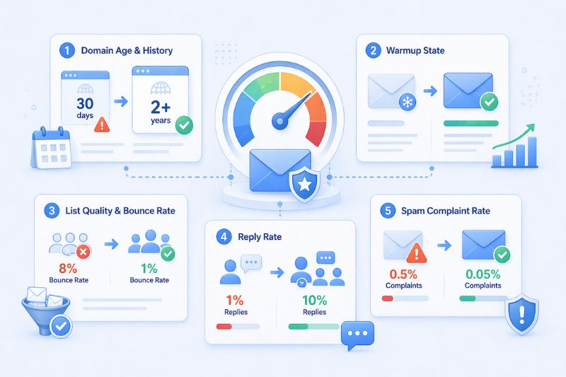 Infographic showing how many cold emails impact sender reputation factors: domain age, warmup state, bounce rate, reply rate, and spam complaint rate, with icons and percentage data for each metric.