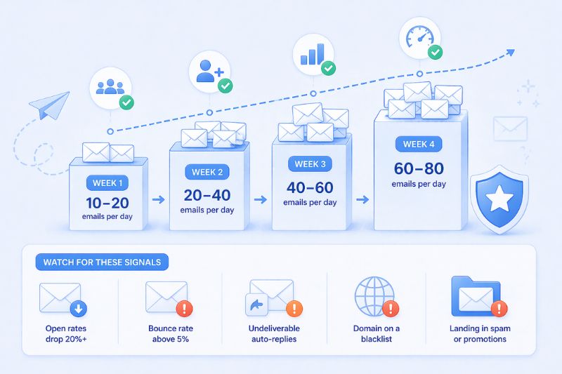 Infographic showing a weekly increase in email volume and key signals to monitor, such as open rates, bounce rate, auto-replies, blacklists, landing in spam or promotions, and insights on how many cold emails you should send.