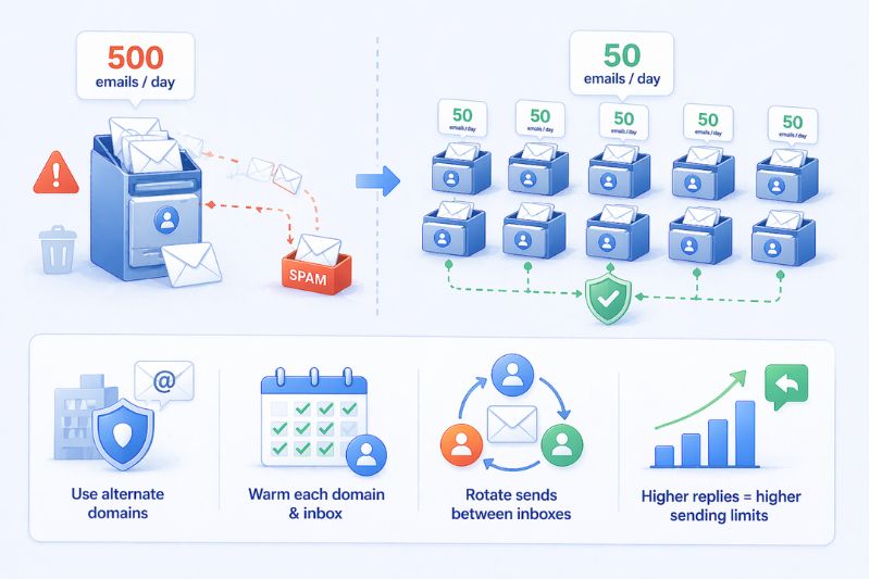 Illustration answering “How Many Cold Emails” to send—contrasting 500 from one inbox (spam risk) vs. 50 from 10 inboxes, featuring icons for email security, scheduling, rotation, and improved results.