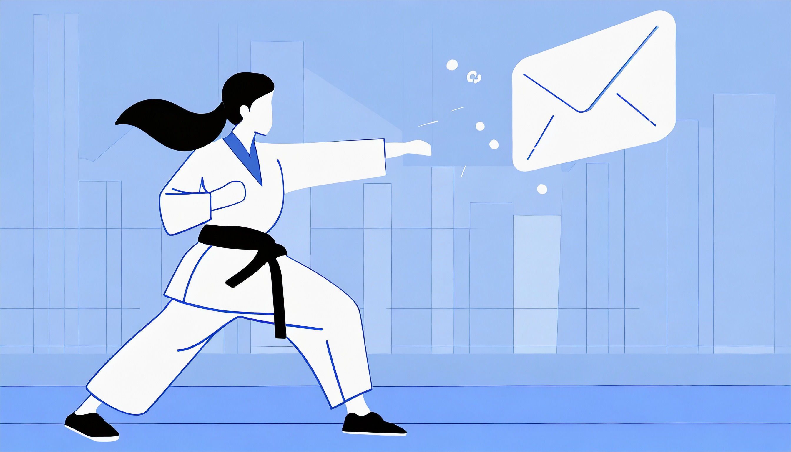 An illustration of a woman in karate kicking an envelope to reduce cold email bounce.