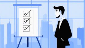 A man in a suit is standing in front of a board with a cold email checklist on it.