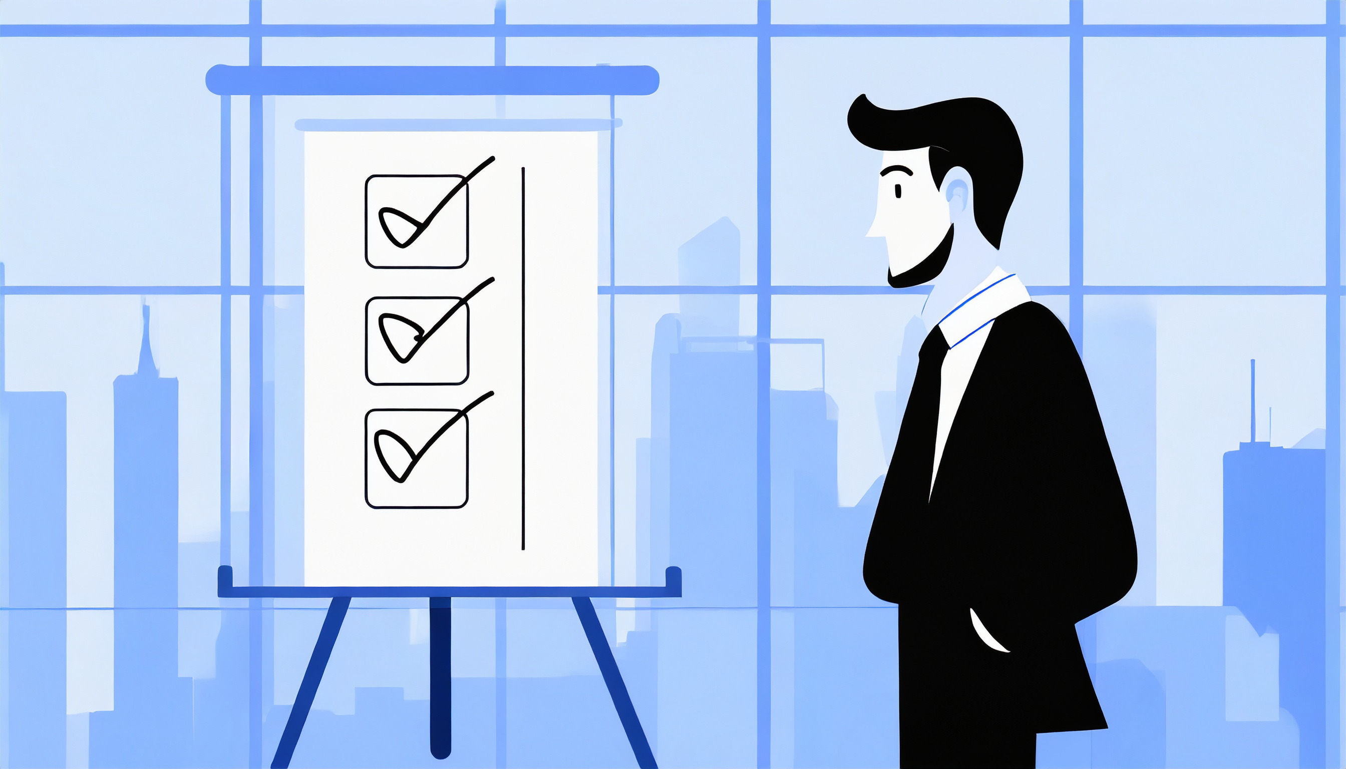 A man in a suit is standing in front of a board with a cold email checklist on it.