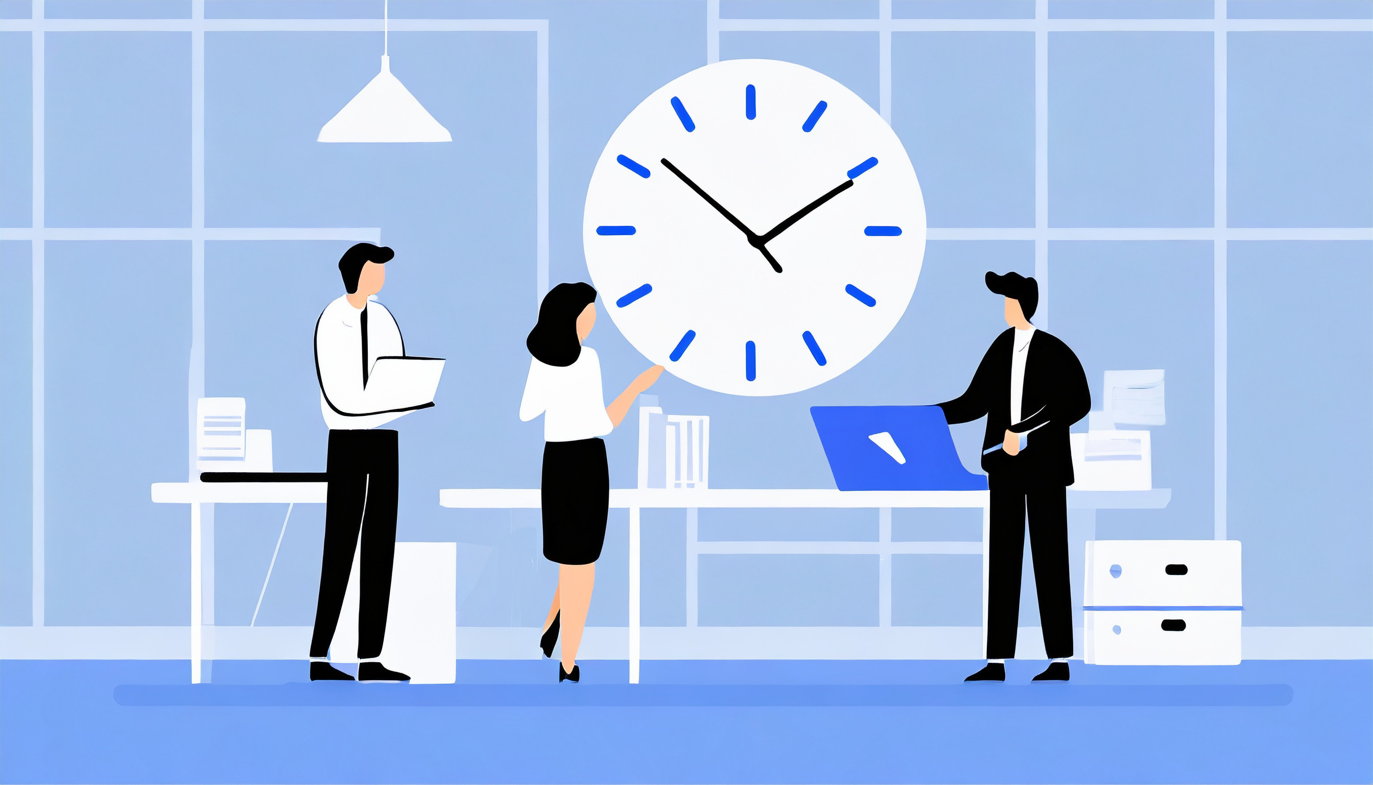 A group of people standing around a clock in an office, discussing "How Many Cold Emails.