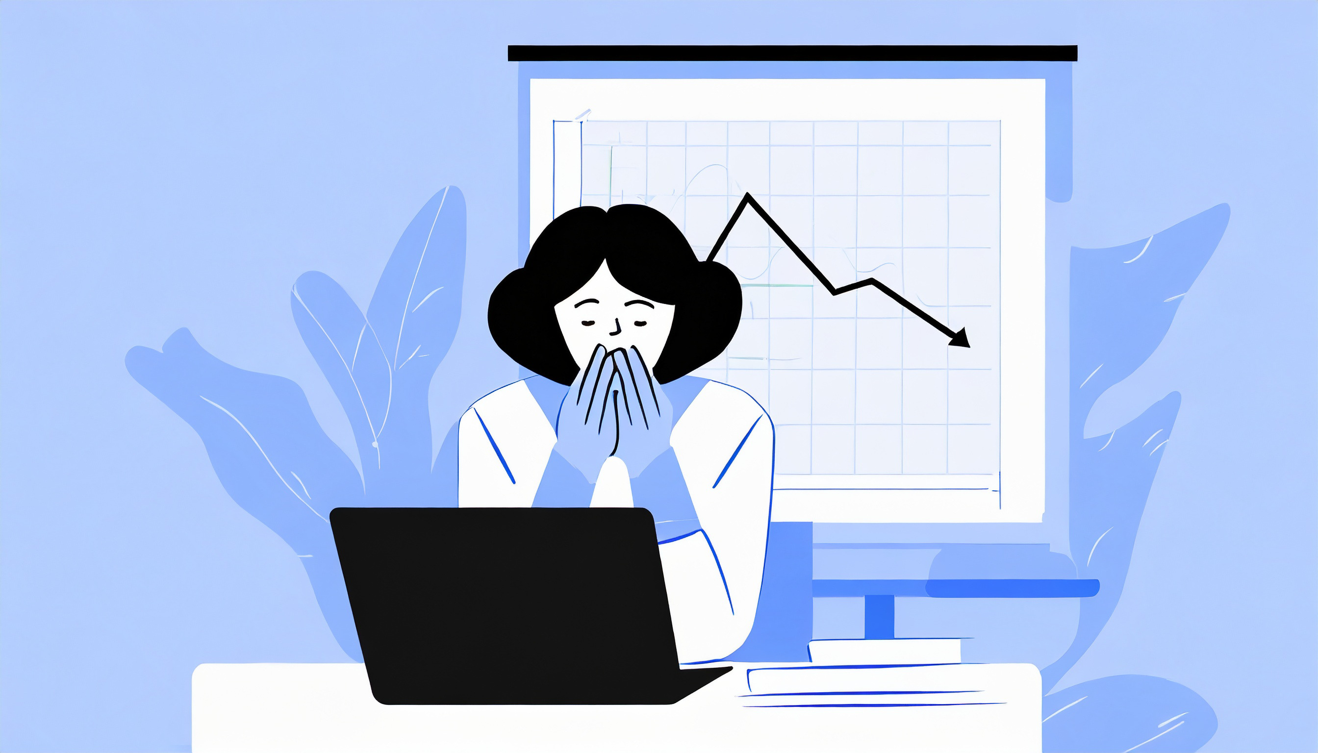 A woman is sitting at a desk with a laptop in front of her, showing no response to the cold atmosphere surrounding her.