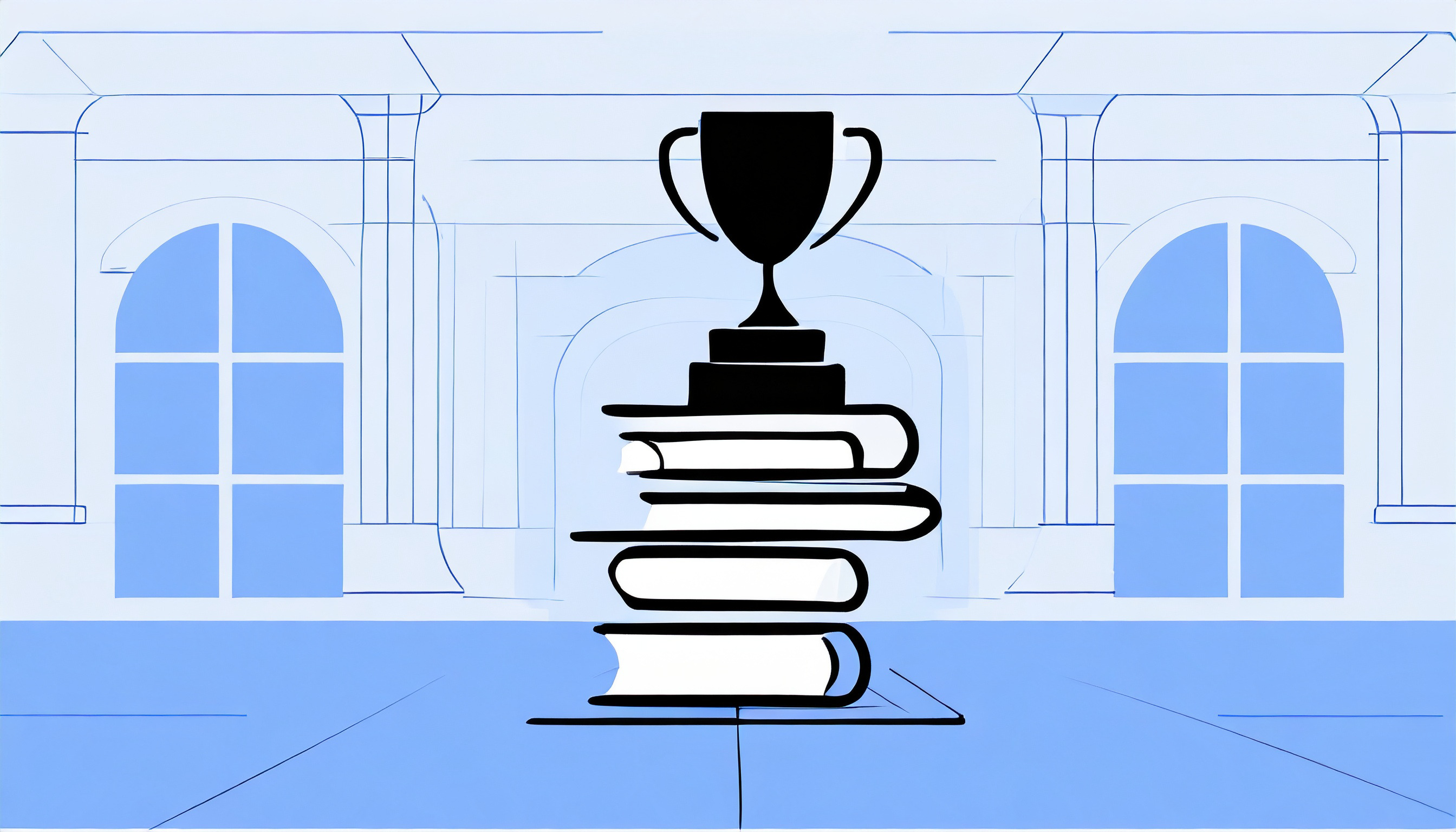 A stack of books with the best books on email marketing on top, crowned with a trophy.