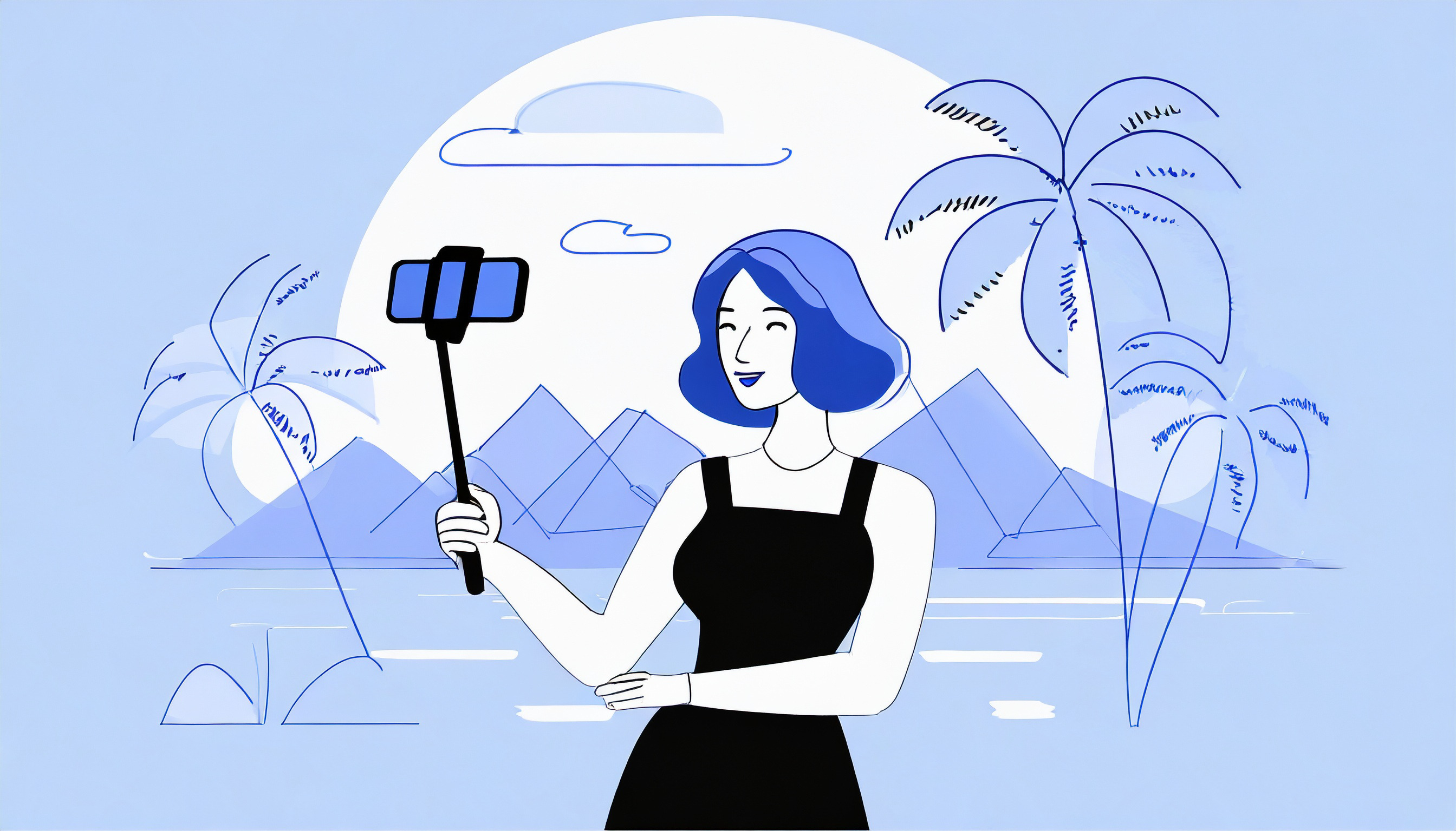 A woman holding a selfie stick in front of a palm tree, capturing the perfect moment for her cold email to an influencer.