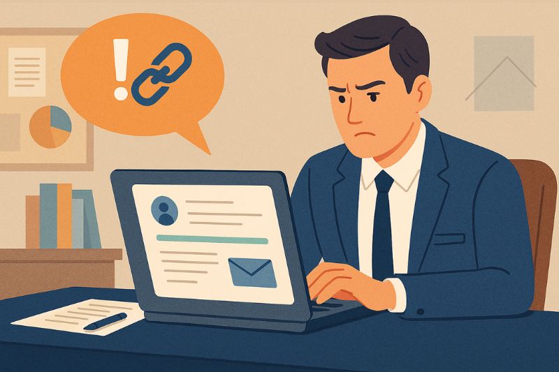 A man in a suit sits at a desk using a laptop, looking concerned. A speech bubble shows a broken link and exclamation mark, highlighting an error while searching for cold email - the ultimate guide.