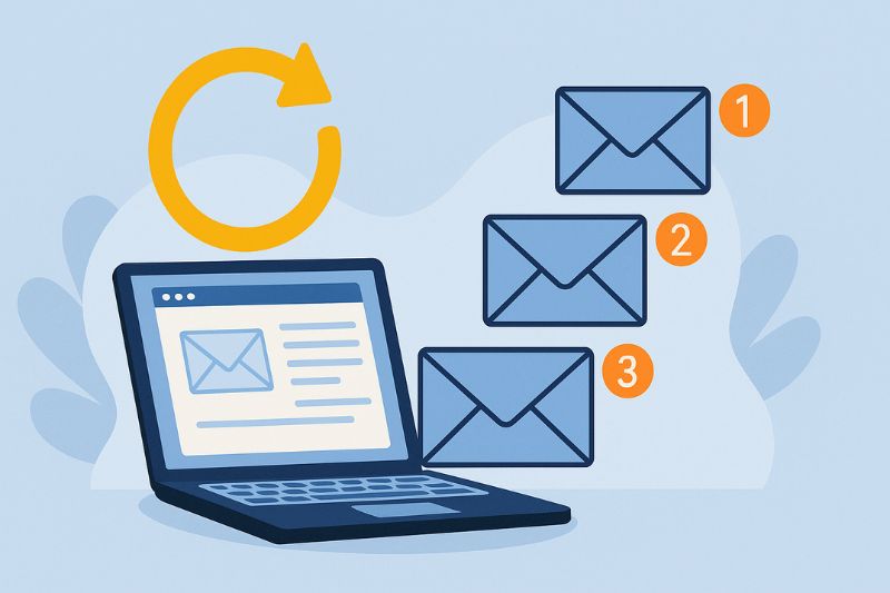 Illustration of a laptop with an email on the screen, three numbered envelopes, and a yellow refresh arrow above the laptop—perfect for visualizing "cold email - the ultimate guide" and symbolizing new incoming emails.